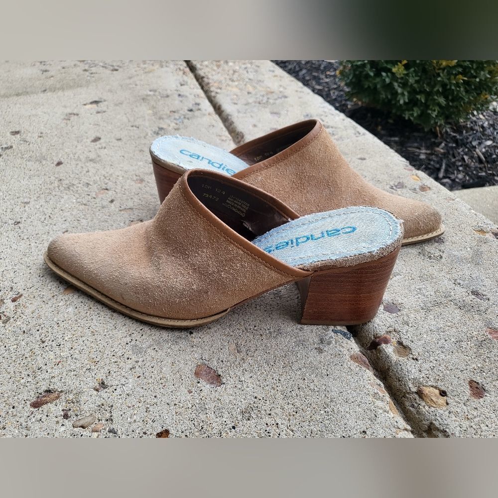 Vintage Candies Suede Leather Mules Size 10M Wood Heel
